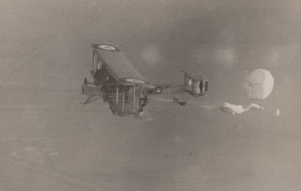 W/O Bernard Allen RFC, Parachuting from Vickers Virginia. A simply amazing photograph, note buildings possibly aerodrome bottom left.