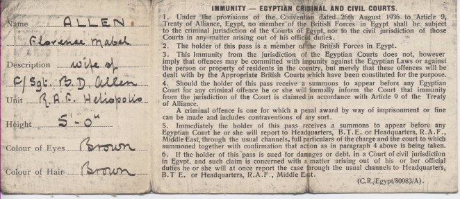 RAF ID card 1939 Egypt, Florence Adam, wife of Dick Allen RAF 113 Squadron