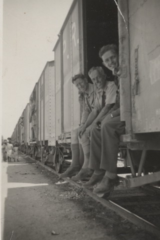 113 Squadron RAF On The Train To Ramleh ! Sgt Ewan Brooking far right, W/O Bernard (Dick) Allen center, left unknown.