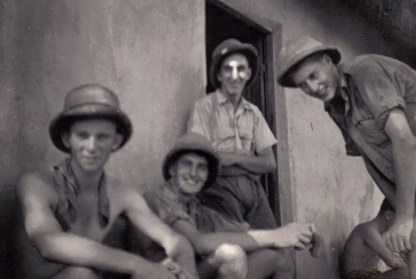 At �work� on the dome

Back of photo:
113 squadron Sgt Cyril Law 1942 �Mac�, �Rod� & Myself taken on the drome at Tezpur with a fox camera